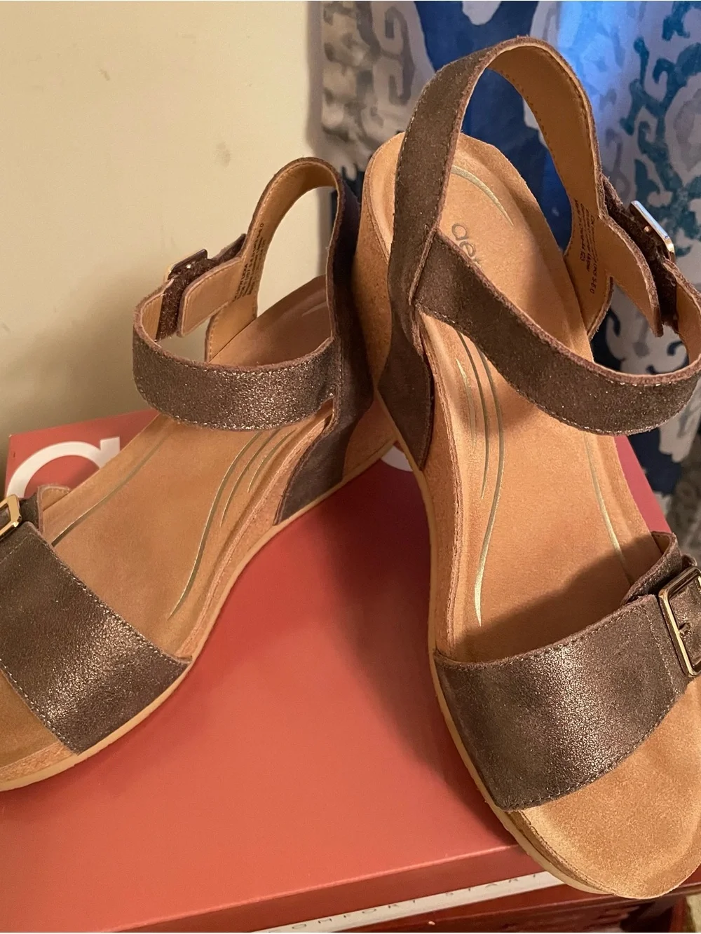 Aetrex Metallic Bronze Suede Wedge Sandals - Picture 1 of 4